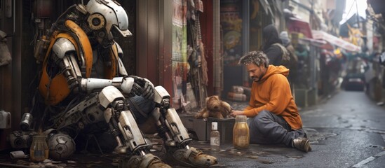 Fototapeta na wymiar Cyborg and Dog in Crowded Street - Artificial Intelligence Moral and Ethical Issues Concept