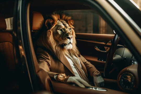 Experience the thrill of a lion safari up close with this stunning image of a powerful lion king lounging in the seat of a car. Don't miss out on this one-of-a-kind adventure Generative AI