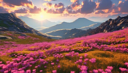 Naklejka na ściany i meble Fields of flowers in the mountains