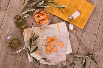 Crostini bread with oregano and olive oil.