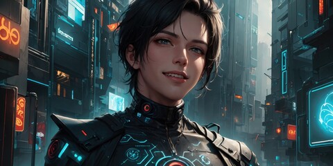 Cyberpunk Sci-Fi Anime Man Boy in Futuristic City