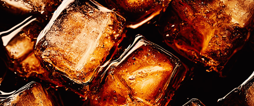 Cola with Ice. Close up of the ice cubes in cola water. Texture of carbonate drink with bubbles in glass. Cola soda and ice splashing fizzing or floating up to top of surface. Cold drink background.