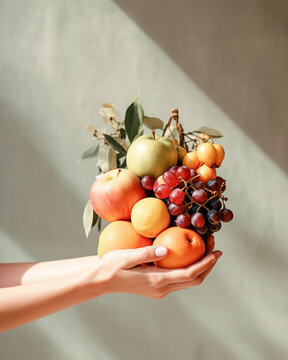 Simple and natural food concept. Artificial intelligence and fruit. Female hands hold many different fruits. Apples, lemon, grapes and small fruits. Soft shadows, natural look. Neutral gray background