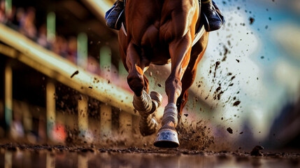 Fototapeta na wymiar View from the horse's hoof up from a Kentucky Derby horse race. Generative AI. (1)