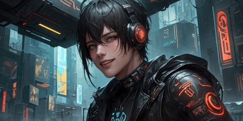 Cyberpunk Sci-Fi Anime Boy with Cyber Girl and Headphones
