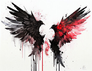 Beautiful magic red black wings drawn with watercolor effect on white paper