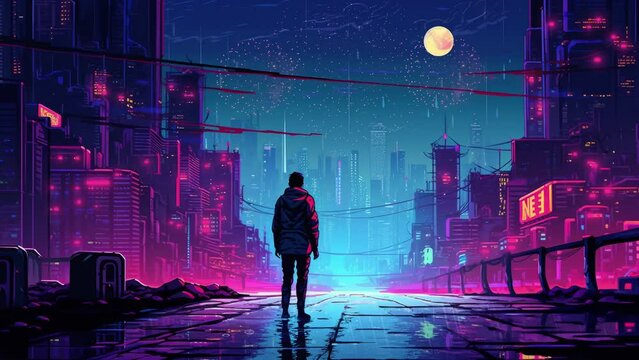 A man stands on the street on a rainy night in the cyberpunk city