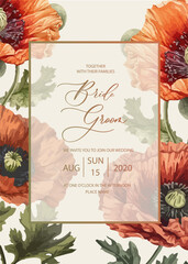 Wedding invitation card background with watercolor botanical flowers poppies. Abstract floral art background vector design for wedding invitation and vip cover template.