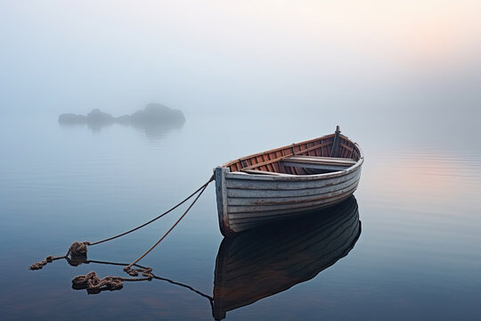 old wooden boat on lake at morning with heavy fog and ropes