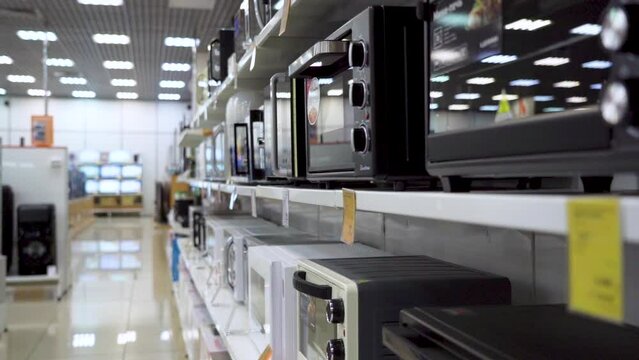 Household electrical goods in the store, microwave ovens, microwaves