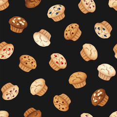 Seamless pattern with muffins on a black background. Vector illustration