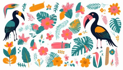 Obraz na płótnie Canvas Set of summer elements palm leaves, tropical flowers, flamingo, toucan, Tropical collection of stickers for summer design, scrapbooking and postcards. Vector illustrations
