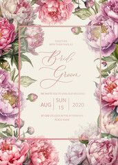Wedding invitation card background with watercolor botanical flowers peonies. Abstract floral art background vector design for wedding invitation and vip cover template.