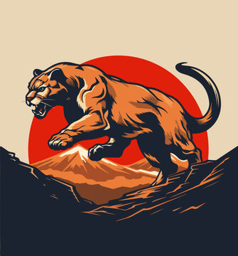 Cartoon cougar in a jump. Vector illustration
