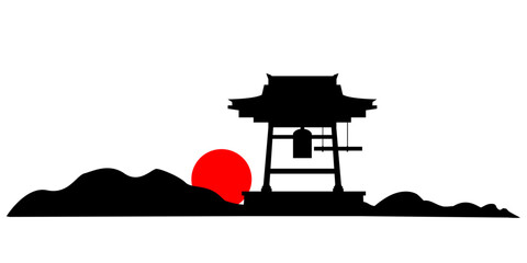 除夜の鐘と山と太陽のイラスト素材のシルエット　ベクター