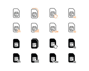 Minimalistic sim card icon set. Sim cards action line and fill icons. Cellular connection theme vector icon  set. - obrazy, fototapety, plakaty