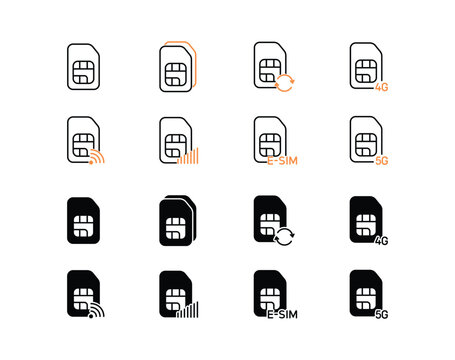 Minimalistic sim card icon set. Sim cards action line and fill icons. Cellular connection theme vector icon  set.