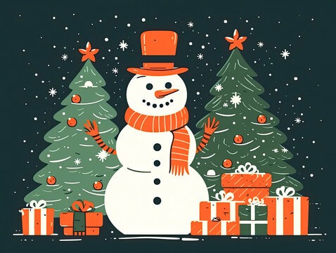 Christmas tree near a pile of gifts. A snowman with a carrot nose is standing nearby and smiling. Created by Ai.