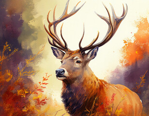 Watercolor painting of Portrait of majestic red deer stag in Autumn Fall