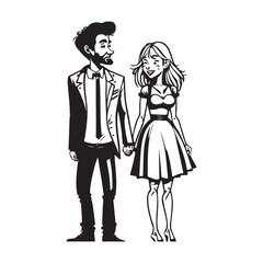 Fototapeta na wymiar love dating Celebrating in Black and White Cartoon Illustration on White Background