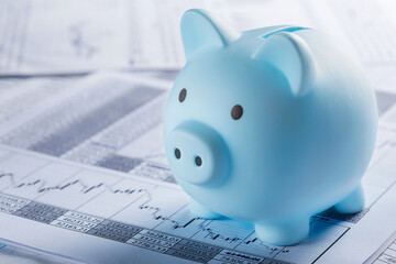 Moneybox for money on the background of documents and financial charts. Investment and capital accumulation concept