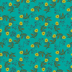 Yellow Flowers and Red Berries, Vector Seamless Repeating Pattern Tile