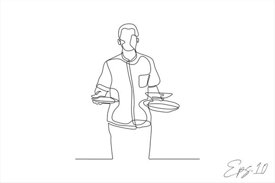 continuous line vector illustration of waiter carrying dishes on plate