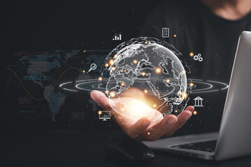 Business growth through online connectivity. Hand holding virtual Global Internet connection icon....