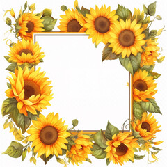 VICTORIAN vintage card on white background with copy space for writing.
Empty frame surrounded by hand painted sunflowers.
Floral watercolor sublimation design, no text. Vintage style country 