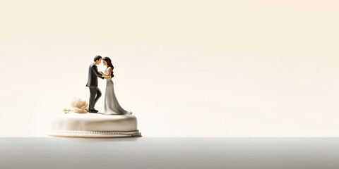 Close-up of figurine couple on wedding cake on isolated background with copy space