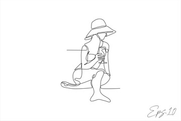 line art vector illustration of girl relaxing on the beach