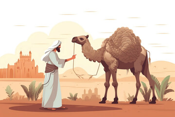 eid al adha mubarak Arabic man with a camel and goat,caw. creative vector illustration design
