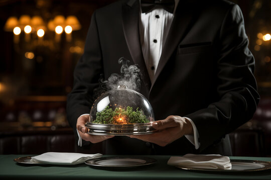 The waiter carries a covered silver dome to the table, unveiling it dramatically to reveal a steaming dish prepared tableside, accompanied by a celebratory announcement or gesture Generative AI