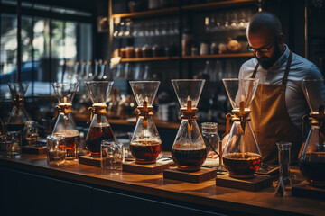 The barista showcases their brewing skills by preparing coffee using different brewing equipment, such as a Chemex, French press, or cold brew apparatus, explaining the nuances of Generative AI