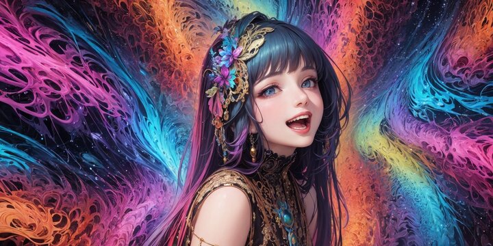 Fractal Psychedelic Anime Girl in Colorful Fantasy Setting