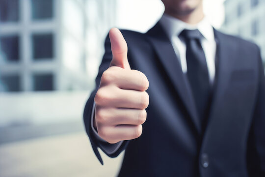 Businessman wearing a suit giving thumbs up, finance background. Generative AI. 