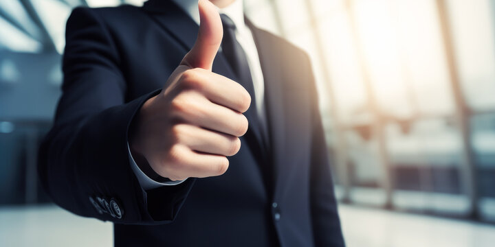 Businessman wearing a suit giving thumbs up, finance background. Generative AI. 