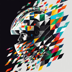 Colorful geometric helmet driver in different shapes poster design