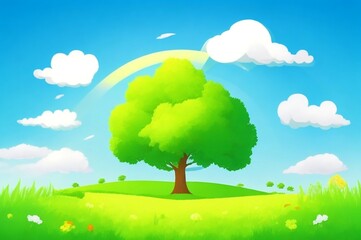Obraz na płótnie Canvas Generative AI. cartoon fantasy nature with green trees, blue sky, white clouds and mushrooms