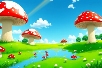 Generative AI. cartoon fantasy nature with green trees, blue sky, white clouds and mushrooms