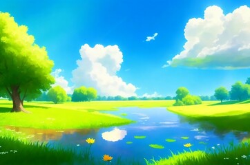Fototapeta na wymiar Generative AI. cartoon fantasy nature with green trees, blue sky, white clouds and mushrooms