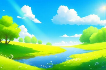 Fototapeta na wymiar Generative AI. cartoon fantasy nature with green trees, blue sky, white clouds and mushrooms