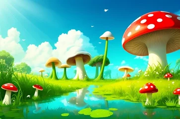 Foto op Canvas Generative AI. cartoon fantasy nature with green trees, blue sky, white clouds and mushrooms © оксана василенко