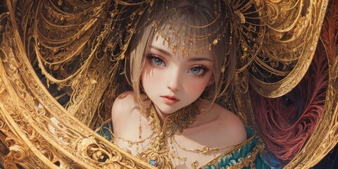 Fractal Psychedelic Anime Girl in Boho Gold Dress and Crystal Necklace