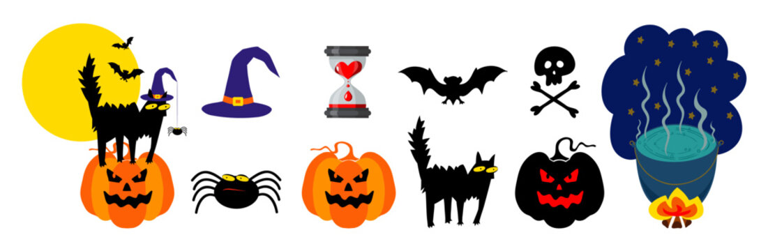 Cute vector set with illustrations and icons for Halloween pumpkin, ghost, cat, bat, skull, hourglass