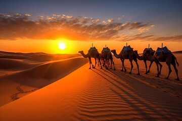 Camels walking in the desert