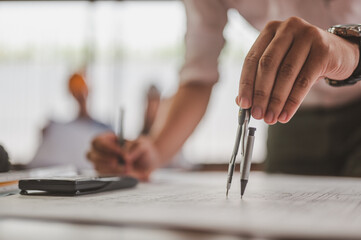 strategy, architecture, blueprint, measurement, calculate, project, engineer, professional, calculator, mathematical. use compasses pencil to measurement for create architecture building blueprint.