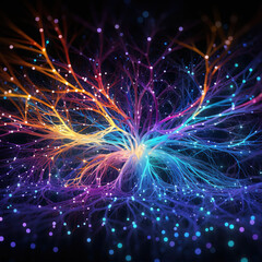 lluminated synapses neural or network connections fiber optic. Human consciousness viewable as neon colors. Abstract representation of AI neuronal net