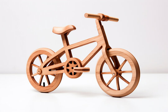 photo of a bicycle made of wood delicate placed on a white