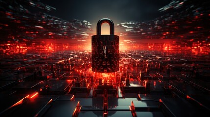 Cyber security concept with closed padlock on red background